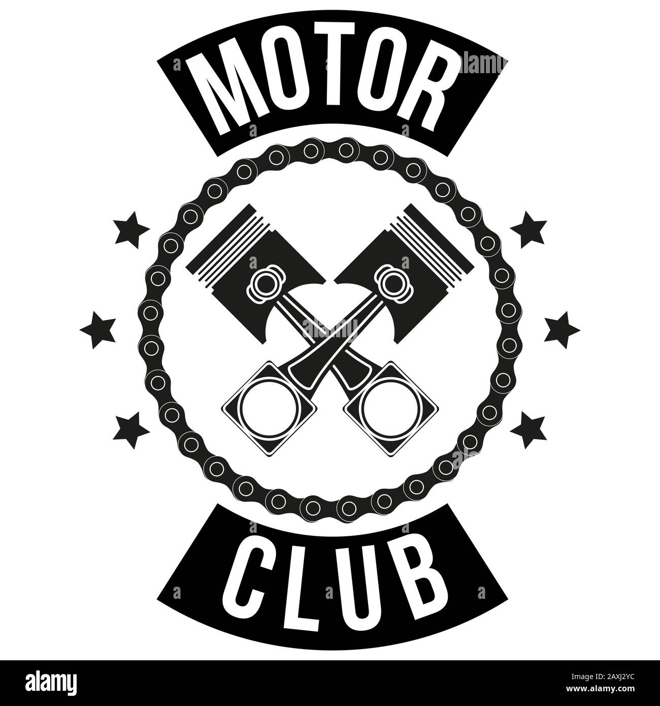 Vintage Motor Club Schilder und Aufkleber mit Kette und Kolben. Emblem von Bikern und Fahrern. Stock Vektor