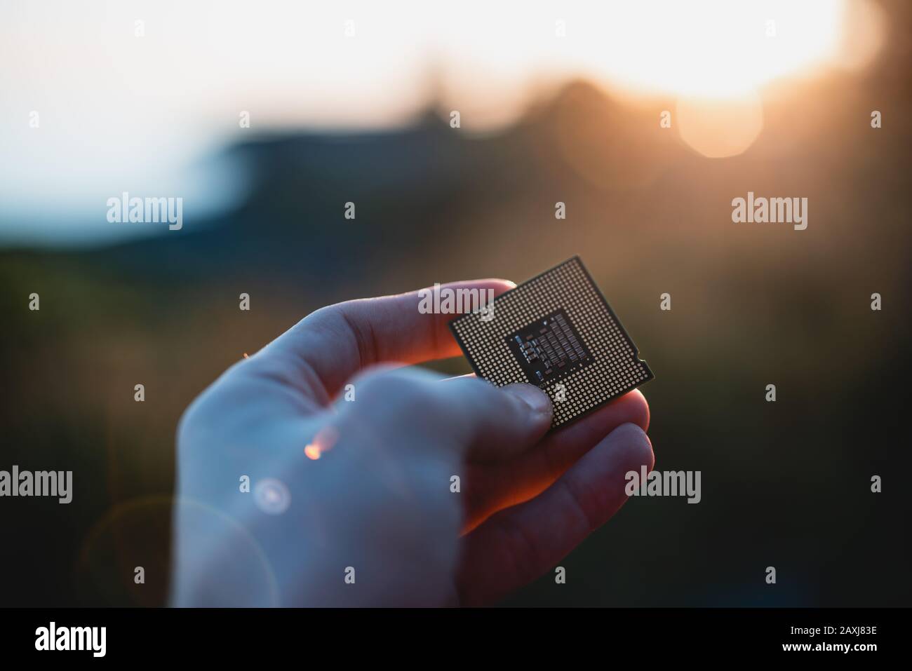 Person, die einen Computerprozessor bei Sonnenuntergang in der Hand hält. Sichtbild. CPU-Konzept. Stockfoto