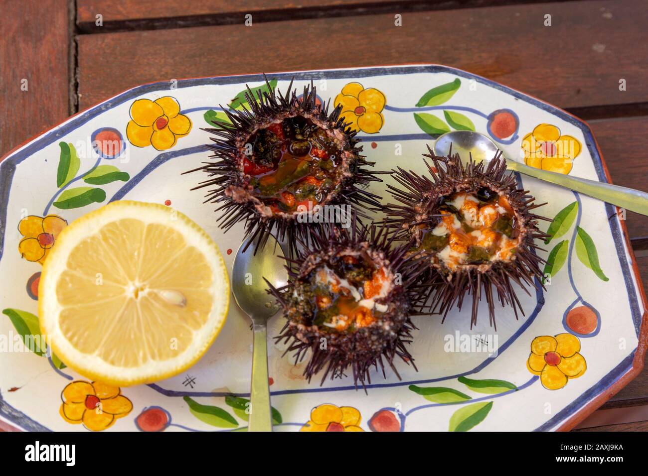 Sea Urchin, Paracentrotus lividus, zubereitet für das Essen mit einer halben Zitrone auf einem Teller, Atlantikküste, Rogil, Algarve, Portugal, Südeuropa Stockfoto
