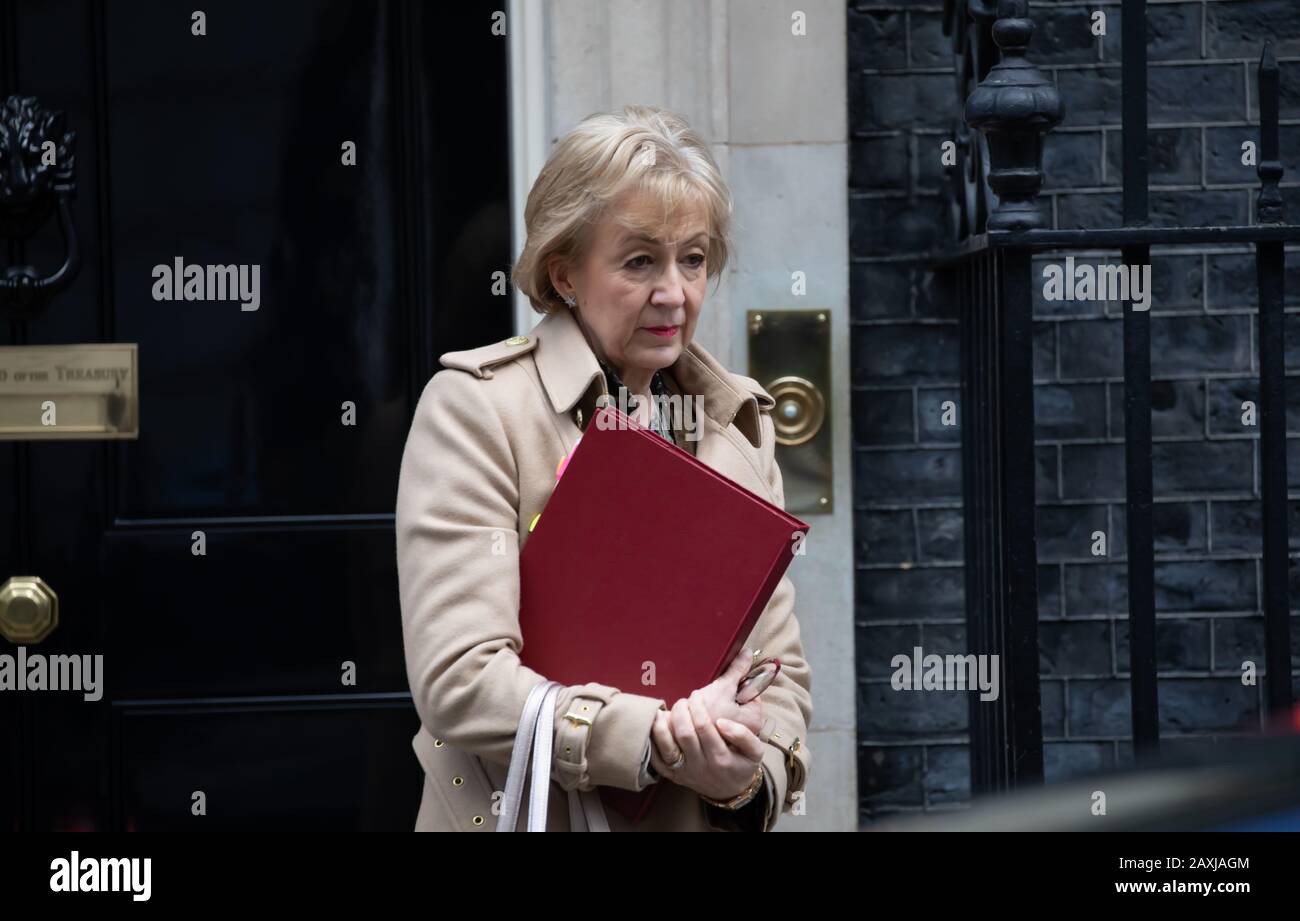 Andrea Leadsom, Staatssekretärin für Wirtschaft, Energie und Industriestrategie, die miserabel aussieht, verlässt das wöchentliche Kabinettstreffen Stockfoto