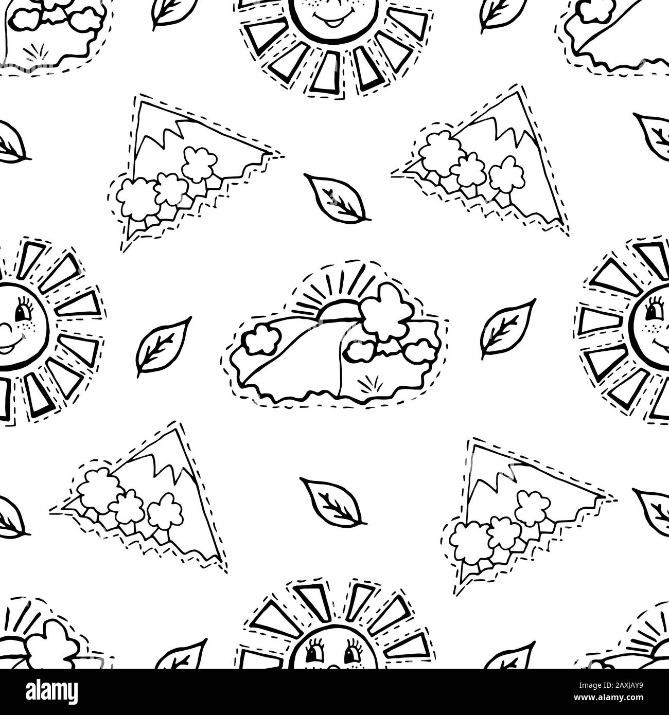 Kinder, Cartoon Seamless Muster. Textilien, Cartoon-Hintergrund. Sonne, Blätter, Berge, Bäume, Fluss, Natur Stock Vektor