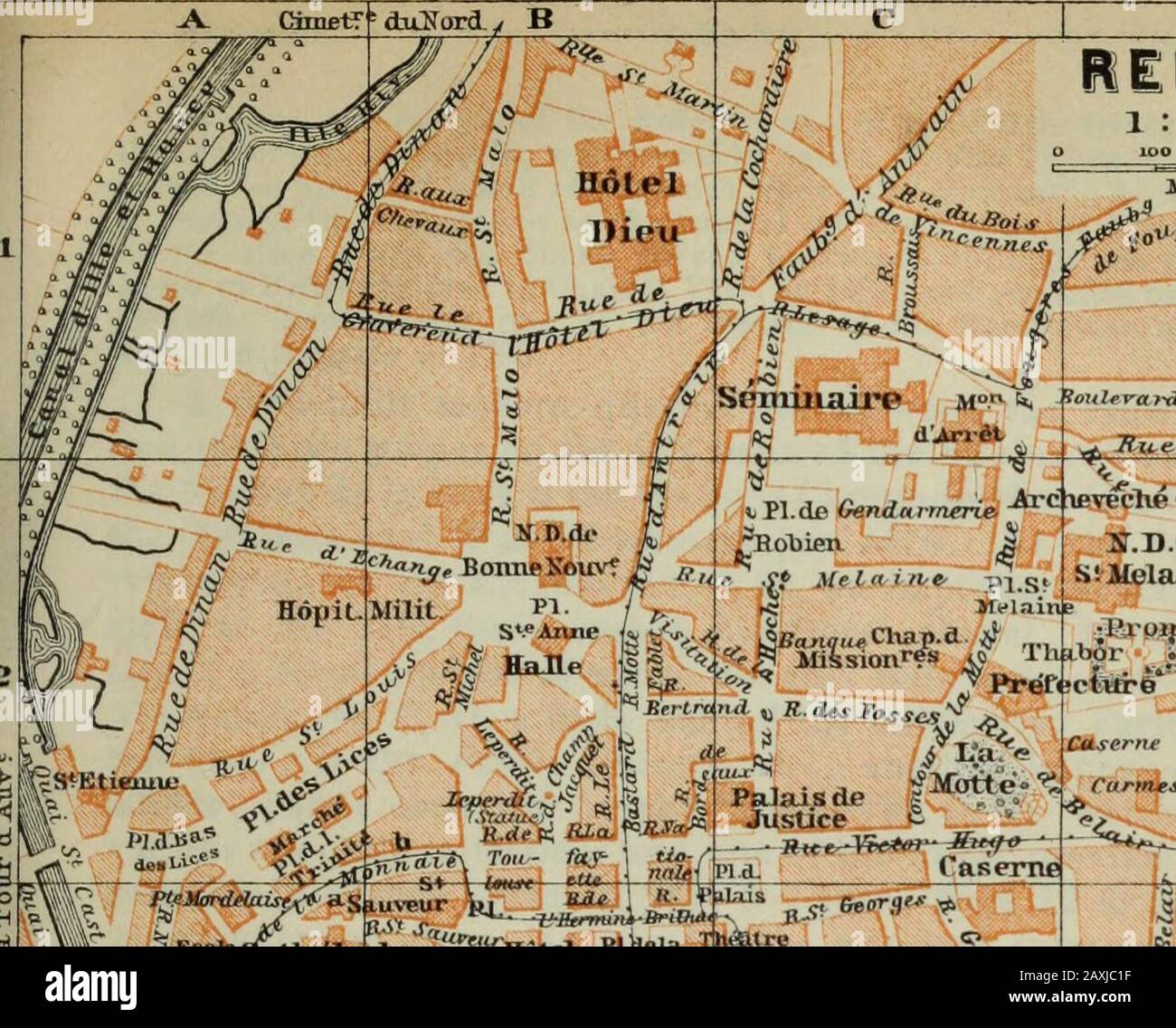 Nordfrankreich: Von Belgien über den Ärmelkanal bis zur Loire-Region, mit Ausnahme von Paris und Umgebung: Handbuch für Reisende . dieser Punkt. - Abteilungs-Tramways (Planung) bis (14 31.)St. Aubin-du-Cormier und (30 31.) Foughres (S. 207) auf der N.E.; bis (22 M.)Plilan, auf der S. W.; bis (10 M.) Chdteaugiron, auf der S.E.; und bis (15 M.)Hidi und Miniac-Morian (S. 181), auf der N.E. Post Office (PI. B, 3), im Palais du Commerce. United States Consular Agent, Mons. Ernest Folliard. Rennes, die alte Hauptstadt OI Brittany, und jetzt die oberste Stadt des Departements Ille- et-Vilaine, der hea Stockfoto