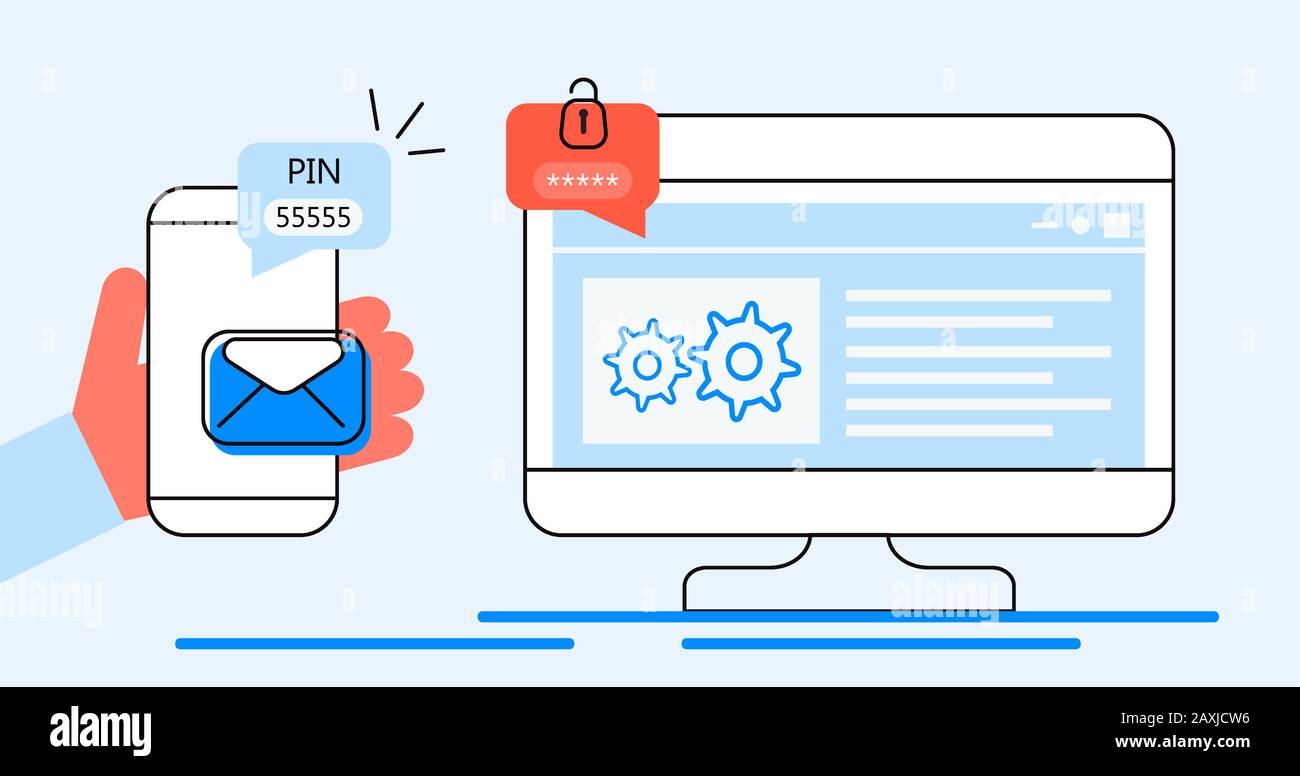 PIN-Code für Verifizierung, Sicherheitscode-Meldung. Laptop und Smartphone mit E-Mail, Bubble Chat. Online-Verifizierung im Kontrollsystem für persönliche Zwecke Stock Vektor