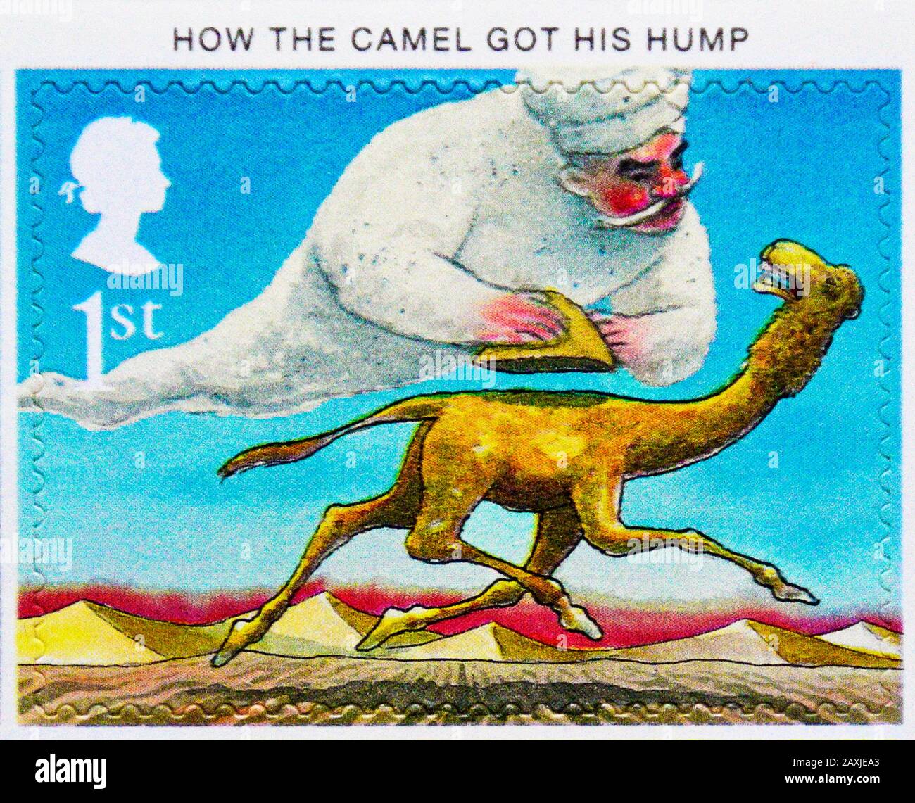 Briefmarke. Großbritannien. Königin Elizabeth II Das hundertjährige Jubiläum der Veröffentlichung von "Just So Stories" von Rudyard Kipling. "Wie der Camel seinen Hump bekommen hat". 1. Stockfoto
