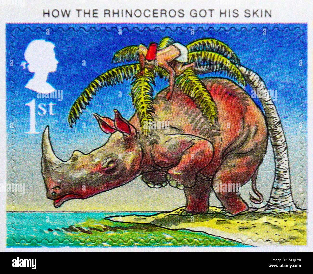Briefmarke. Großbritannien. Königin Elizabeth II Das hundertjährige Jubiläum der Veröffentlichung von "Just So Stories" von Rudyard Kipling. "Wie die Rhinozeros seine Haut bekamen". Stockfoto