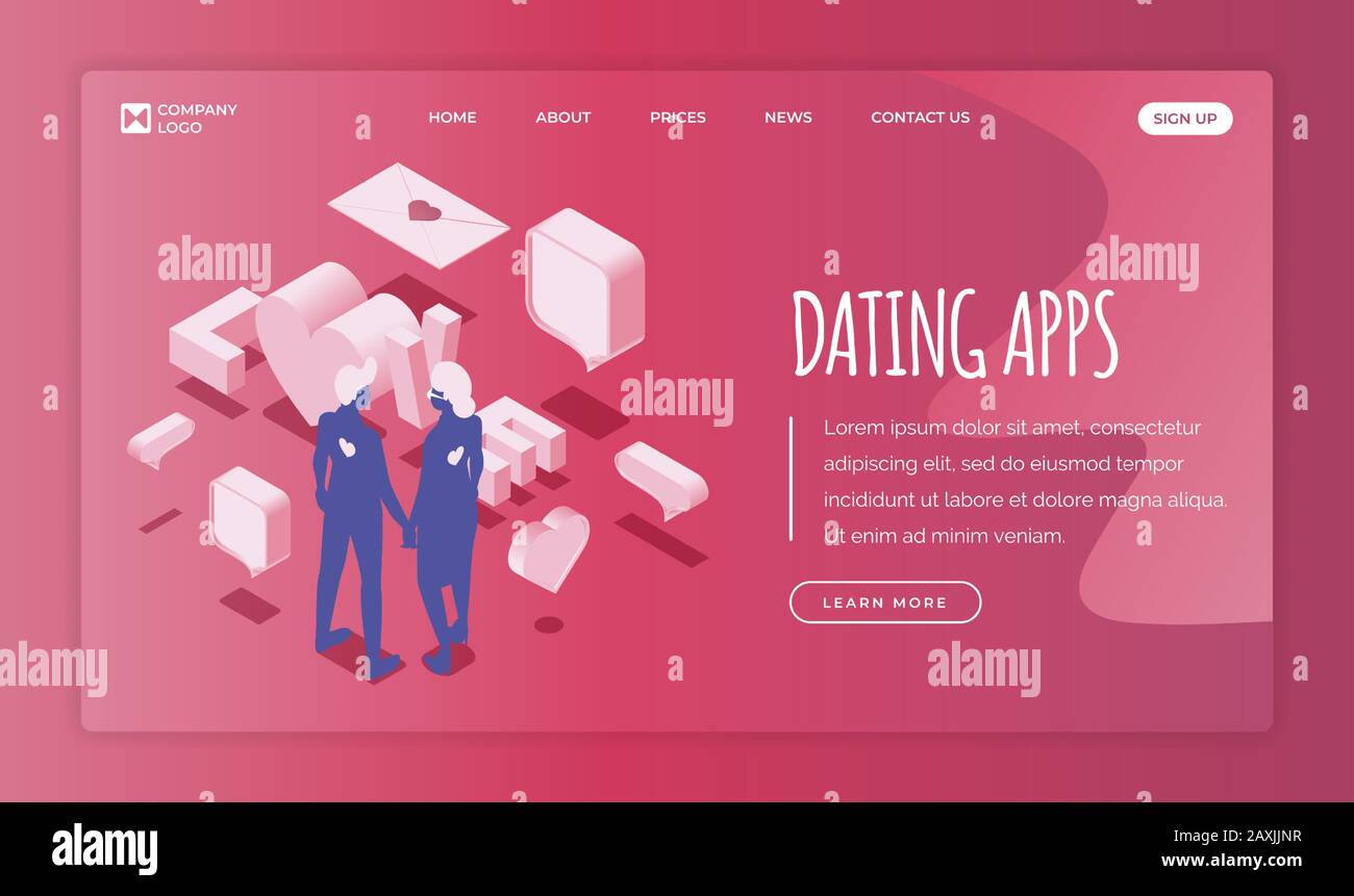 Zielseitenvorlage für die Dating-Anwendung mit Textbereich. Liebespaar, Hände halten und unter den Liebeszeichen, Herzen, Schwätzchen, Buchstaben und Liebeswort stehen, die auf pinkfarbenem Hintergrund isoliert sind. Stock Vektor
