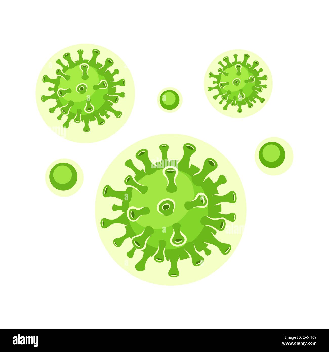 Grüne Viruszellen. Viren im infizierten Organismus, Virusepidemie. Corona, Influenzaviren. Konzept für das Gesundheitswesen und die Medizin. Vektor illustriert Stock Vektor