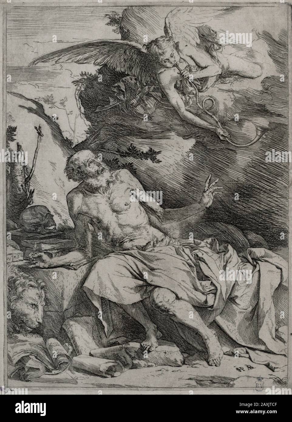 Der heilige Jerome und der Engel, ca. 1621. Ätzung und Einplatzen auf Papier. Von Jusepe de Ribera (1591-1652). Nationalbibliothek. Madrid. Spanien. Stockfoto