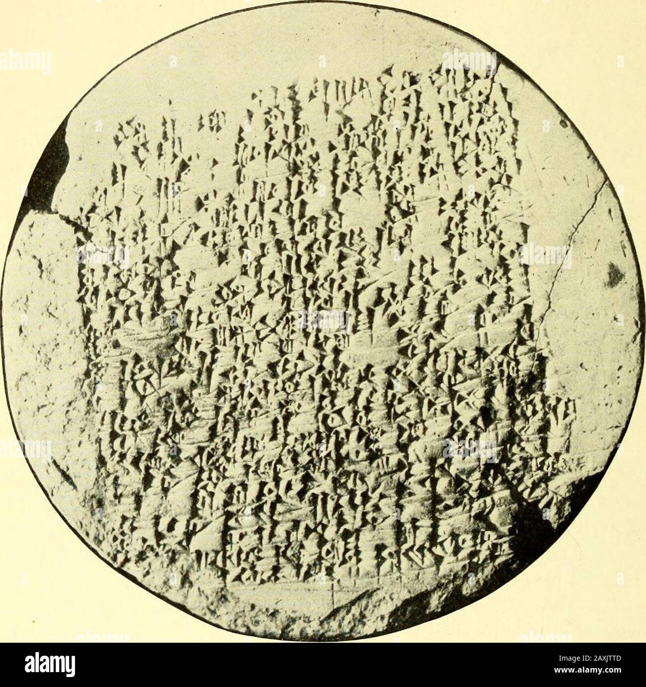 Der offene Gerichtshof bleibt zu zeigen, dass die Aufschrift wiederholt wurde. Es war der Brauch der Könige von Babylonien, wann immer sie einen alten Tempel wiederherstellten, in den Tempelwänden das Rekord ihrer Arbeit zu begraben, dass Männer der fernen Zukunft, wenn der Templeshould wieder zu Ruinen fällt, ihn lesen konnten. Manchmal wurde die Inskriptionierung auf die Steinbuchse des Türpfostens graviert; frischer-quent wurde sie auf großen Tonzylindern wie etwa Nebukadnezar geschrieben, aber Eri-aku hinterließ seine Aufzeichnung auf dem Kopf eines Kegels, so dass beim Einschub in die Wand die Aufschrift RE- 558 DAS OFFENE C Stockfoto