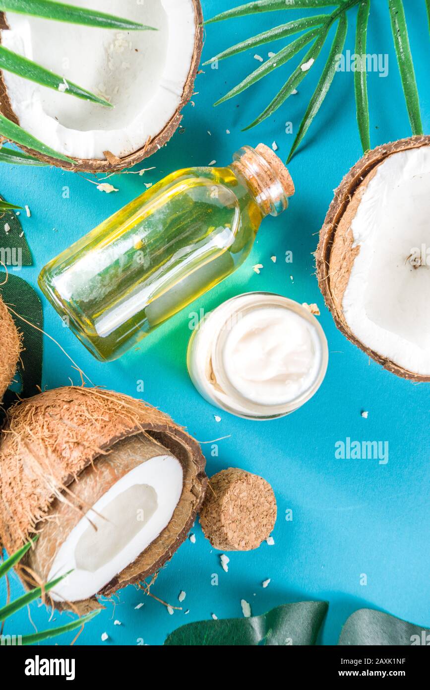 Kokosöl im Glasbecher mit tropischen Blättern und frischer Kokosnuss. Konzept für organische mct-Öle. Türkis, Aquamarin Hintergrund Stockfoto