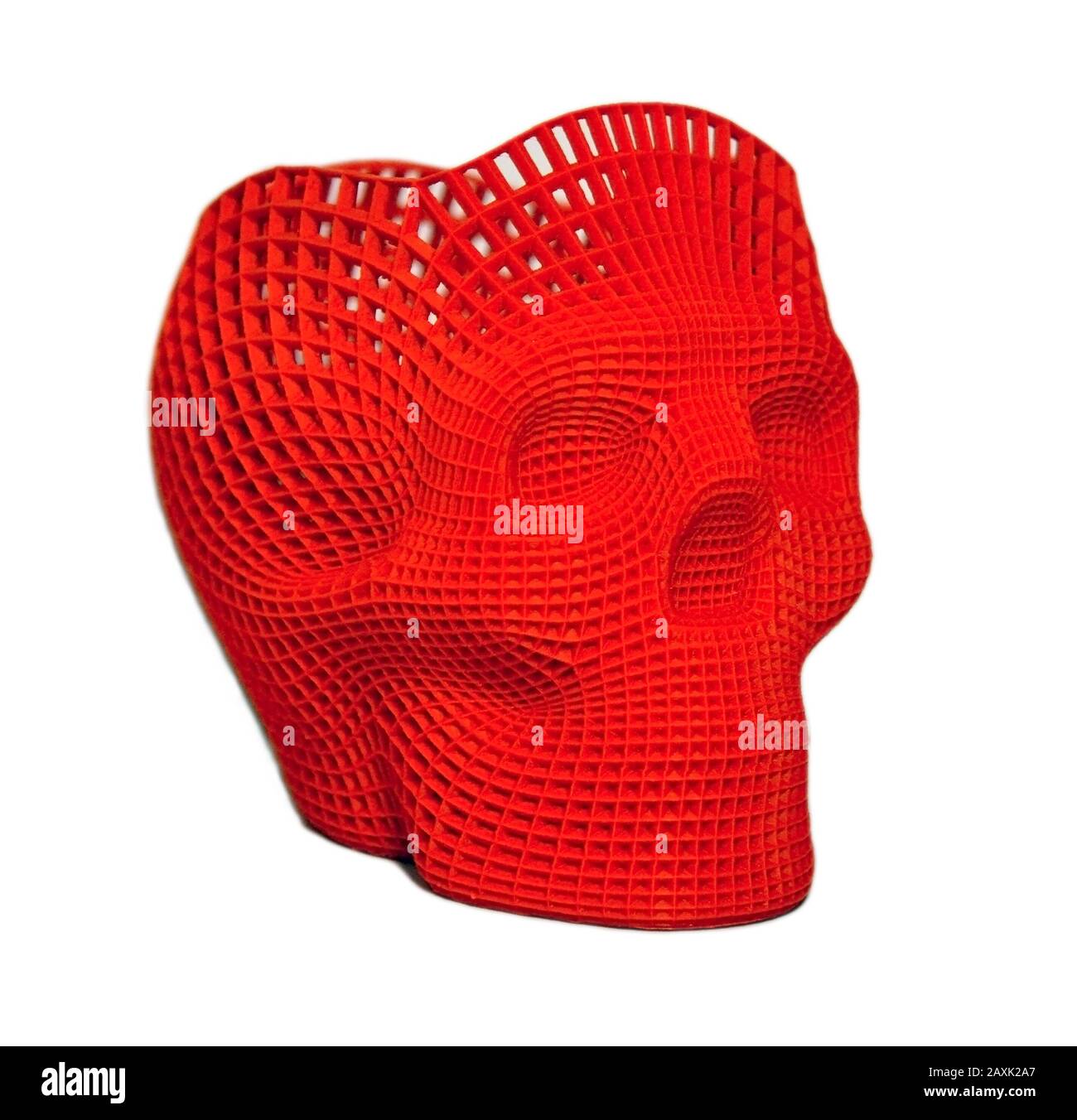 Schädel mit rotem Kunststoff auf einem 3D-Drucker bedruckt. Stockfoto