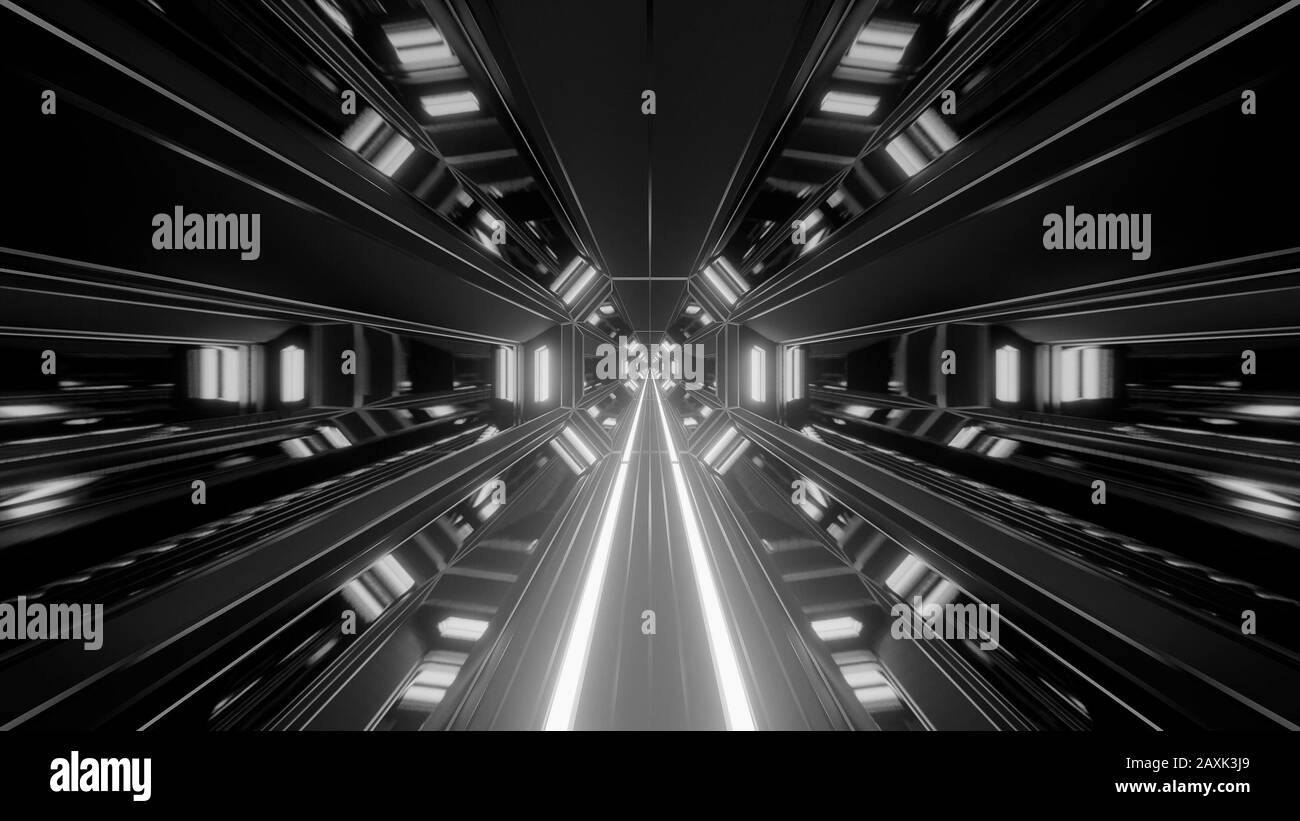 3D-Illustration Hintergrundtapete eines futuristischen Science-Fiction-Tunnelhangar-Korridors mit glühenden grafischen Kunstwerken aus Metall Stockfoto