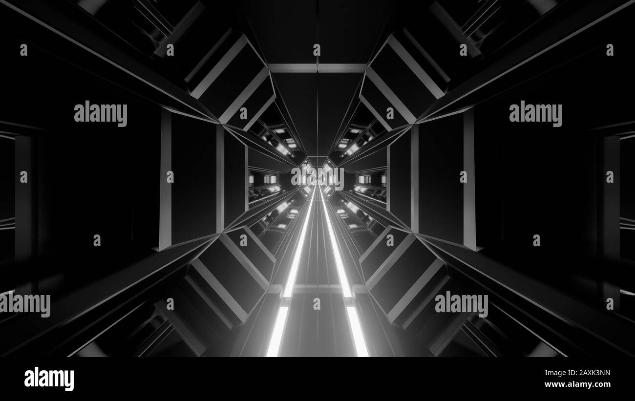 3D-Illustration Hintergrundtapete eines futuristischen Science-Fiction-Tunnelhangar-Korridors mit glühenden grafischen Kunstwerken aus Metall Stockfoto