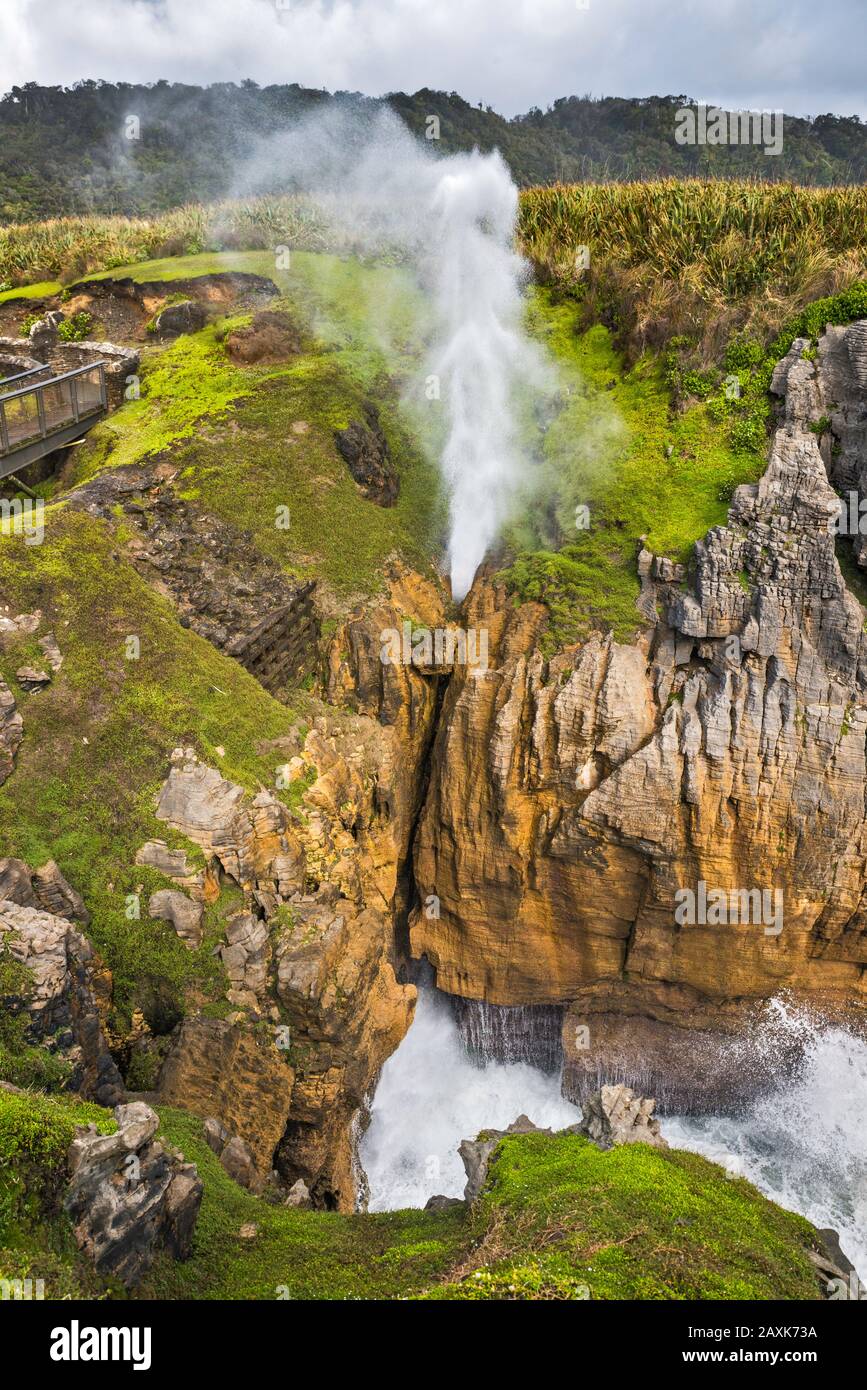 Blowhole in Pancake Rocks Area, Dololite Point, Paparoa National Park, in der Nähe des Dorfes Punakaiki, West Coast Region, South Island, Neuseeland Stockfoto