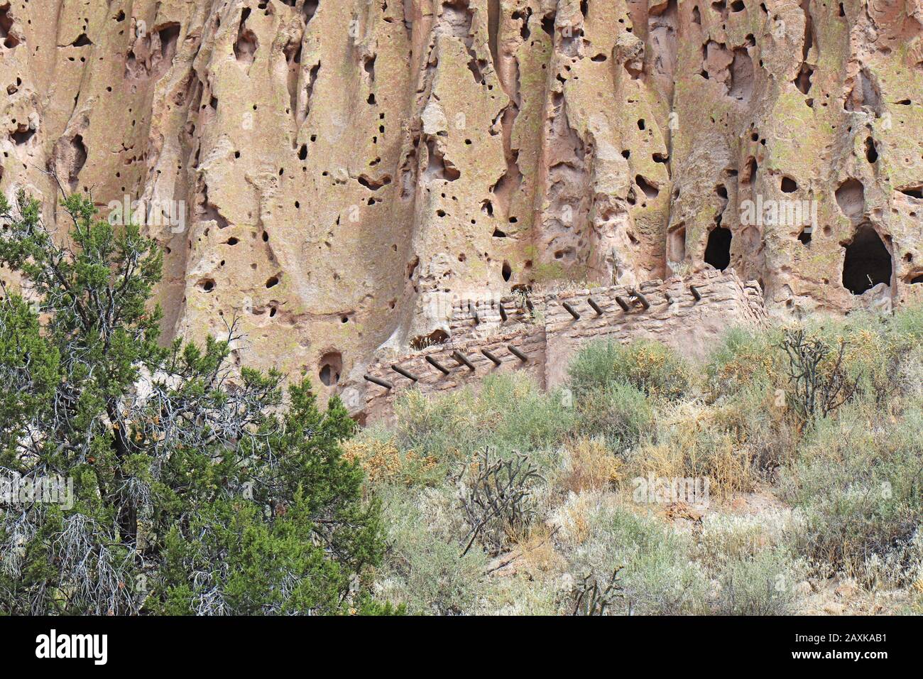 Ein rekonstruiertes Pueblo im Stil der Einheimischen am Fuß der Klippen entlang des Hauptschleifenweges im Frijoles Canyon im Bandelier National Stockfoto