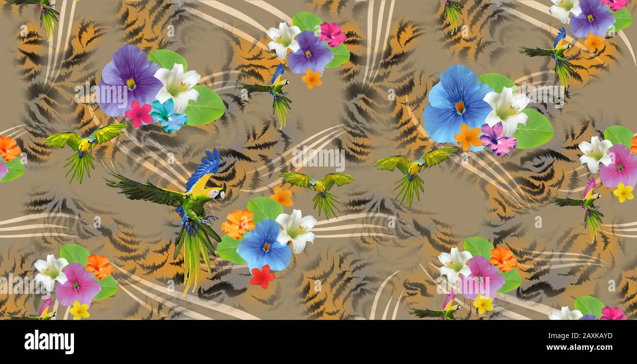 Buntes Blumen- und Papageien-Muster mit Leopardenhauttextur. Nahtloser Stoffaufdruck. Modedesign. - Abbildung Stockfoto