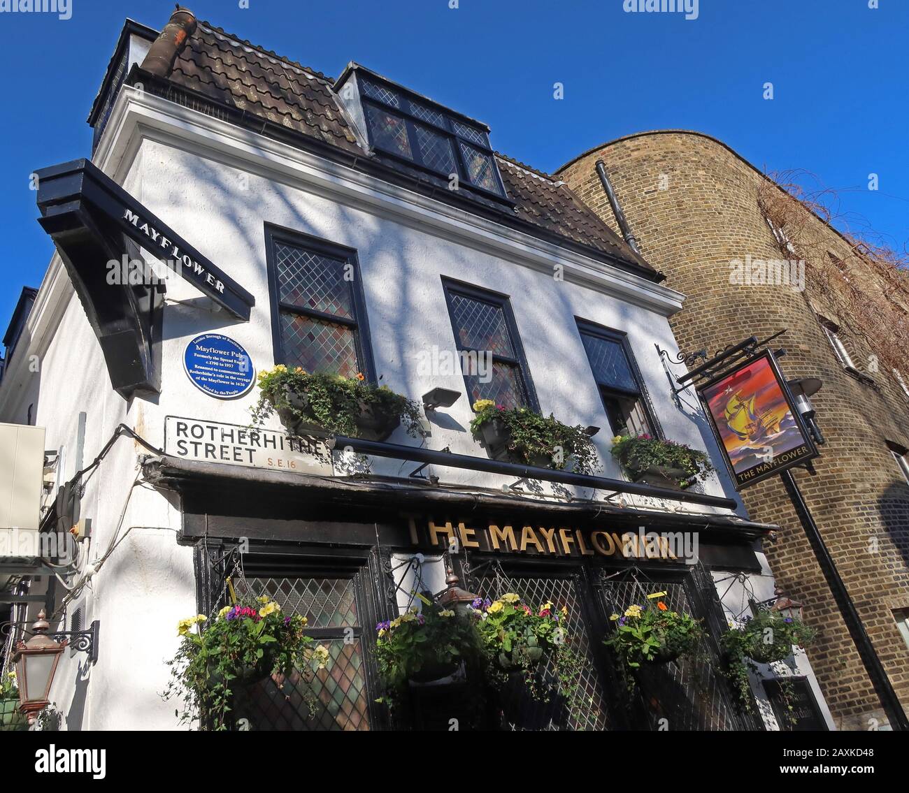 Der berühmte Mayflower Pub, Rotherhithe, Bermondsey, London, neben der Themse Stockfoto