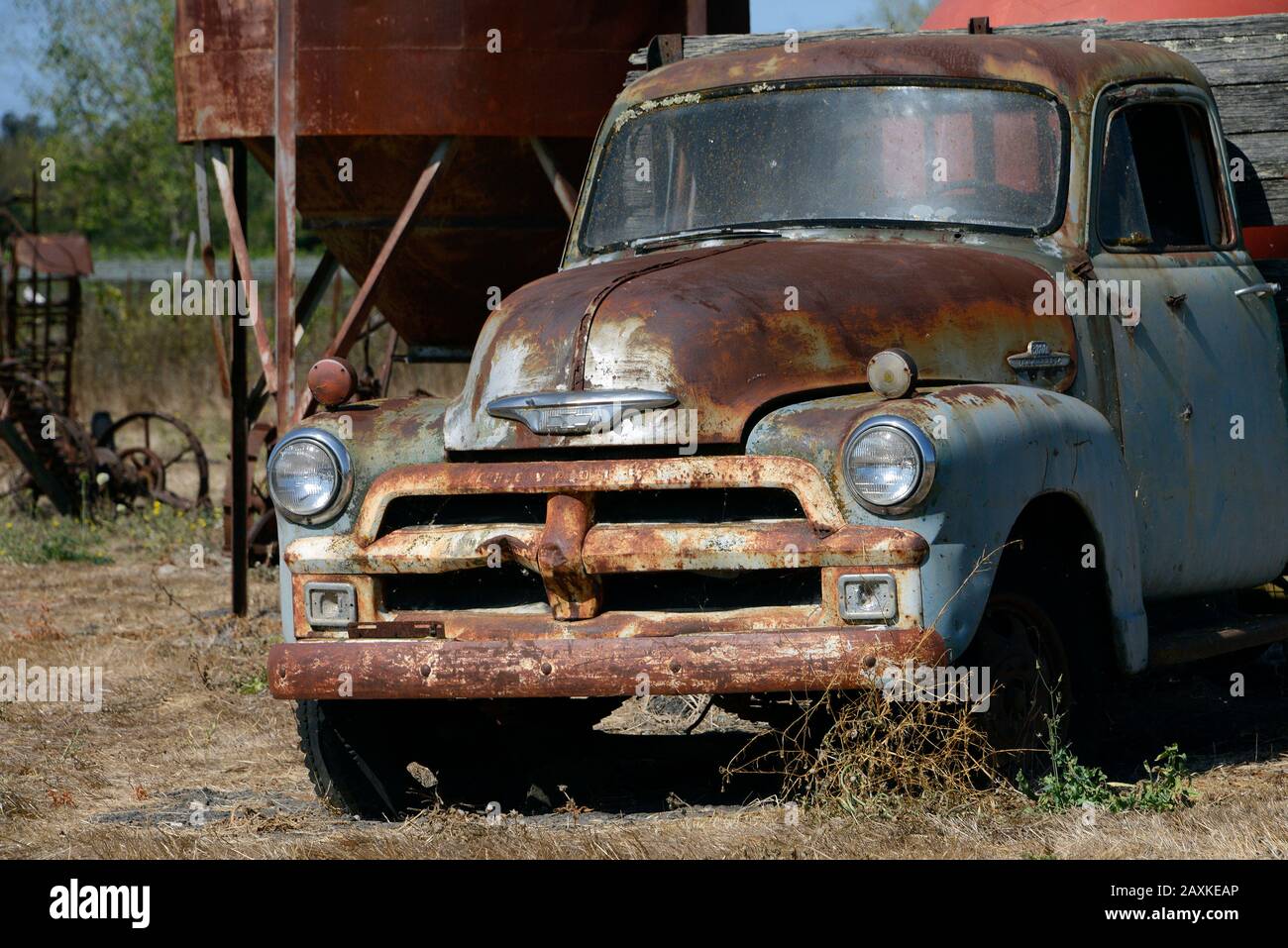 Alter Chevrolet-Pickup-Truck und landwirtschaftliche Geräte auf einem Kürbisfeld im Sonoma County, Kalifornien, USA Stockfoto