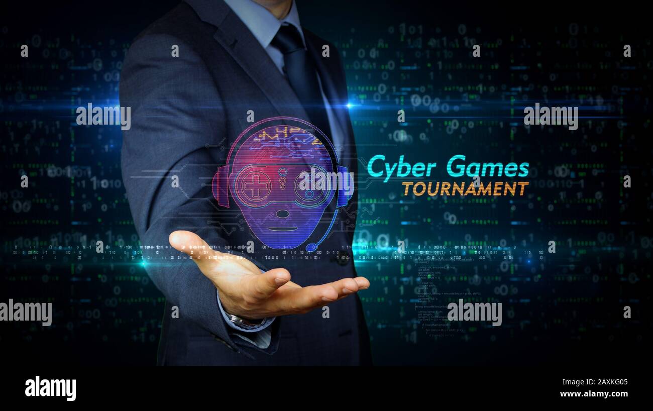 Ein Geschäftsmann in einem passenden Touchscreen mit esport Cyber Games Symbol Hologramm. Mann mit Hand-on-Virtual Display-Schnittstelle. Video-Gaming-Turnier und Stockfoto