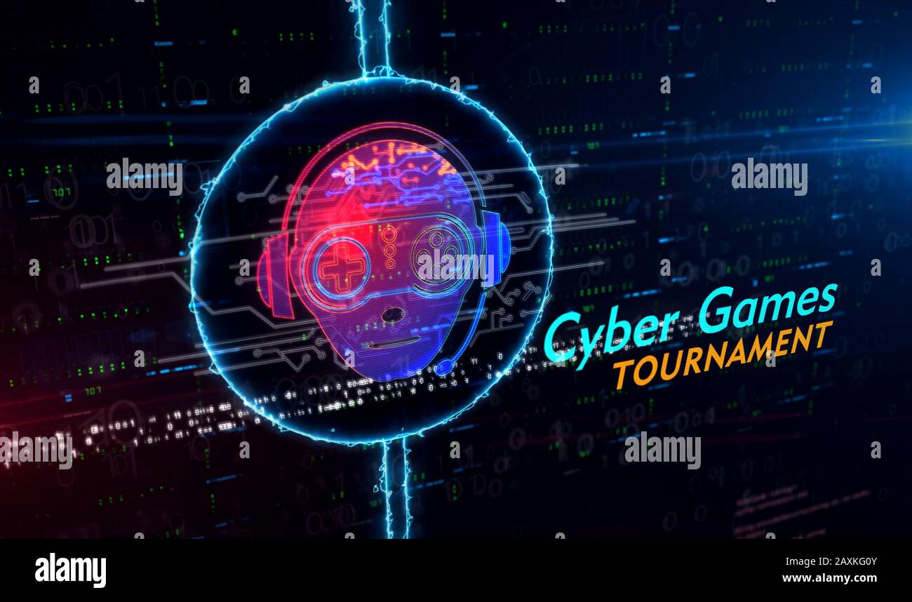 ESport Cyber Games mit Spieler-Symbol Hologramm 3D-Abbildung. Modernes Konzept für Video-Gaming-Turnier und digitalen Sport auf blauem digitalem Hintergrund. Stockfoto