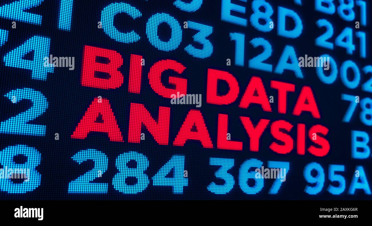 Pixelanzeige für Big-Data-Analysen mit Stichwörtern auf digitalem Hintergrund. Innovationskonzept, künstliche Intelligenz und Social Scoring 3d illust Stockfoto