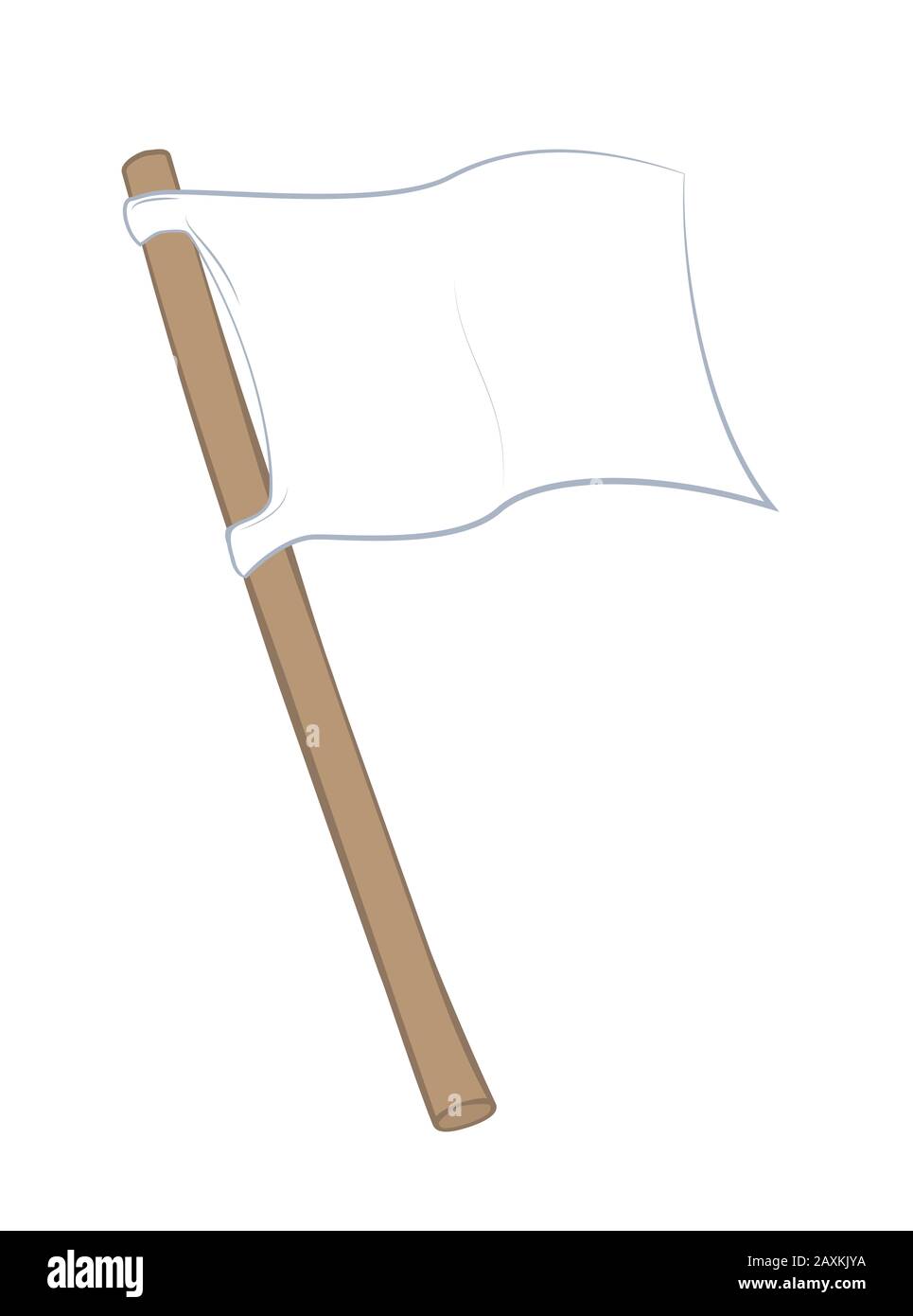 Weiße Flagge. Schwenkendes Tuch mit Holzpfahl - skizzieren Sie die Comic-Illustration auf Weiß. Stockfoto