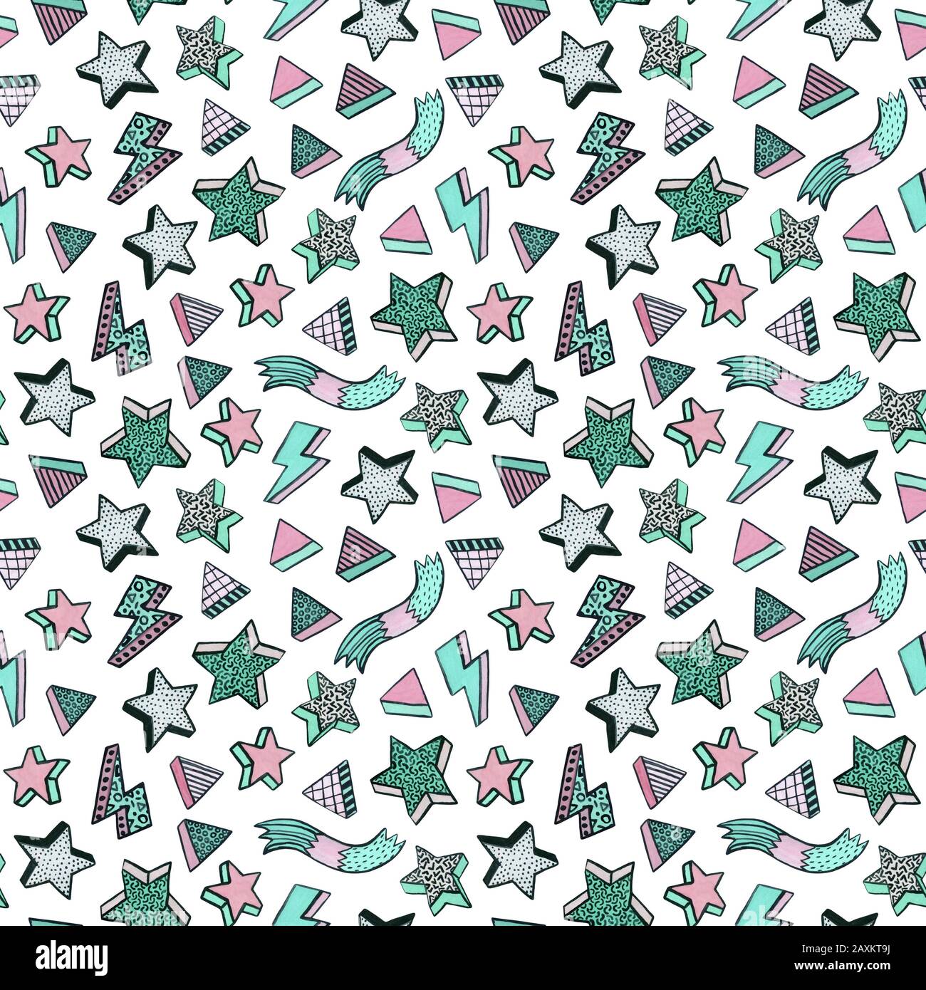 Einfache Aquarell nahtlose Muster in minimalen Memphis style mit Sternen, Dreiecke, streifen. Trendiges Design für Weihnachten Hintergrund, Hintergrundbild, wrappin Stockfoto