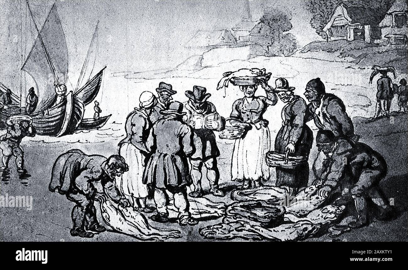 Ein Fischmarkt aus dem 18. Jahrhundert an der Küste eines britischen Fischerdorfs Stockfoto