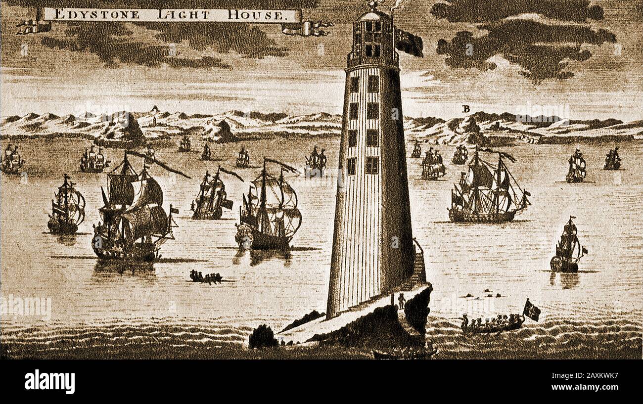 Eddystone Holz-Leuchtturm c1750 - John Rudyard (oder Rudyerd) 1650-c1718 - entwarf diesen Leuchtturm als konische Holzkonstruktion um einen Kern aus Backstein und Beton für Kapitän John Lovett, der die Miete des Felsens erwarb. Und durfte vorbeifahrenden Schiffen eine Maut von einem Cent pro Tonne berechnen. In der Nacht vom 2. Dezember 1755 brannte es nieder, als eine Laterne Feuer fing. Die drei Pfleger wurden gerettet, aber einer von ihnen Henry Hall, im Alter von 94 Jahren, starb einige Tage später an der Aufnahme von geschmolzenem Blei vom Dach. Das Stück Blei wurde aus seinem Körper entfernt und befindet sich in den National Museums of Scotland. Stockfoto