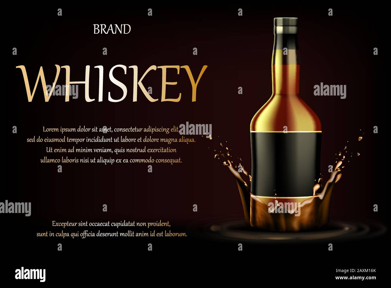 Whisky-Drink-Werbung. Realistischer Glas Whisky starke Alkoholtrinkflasche auf dunklem Hintergrund mit flüssigem Spritzer und Tropfen, Werbung für Bannerdesign Stock Vektor