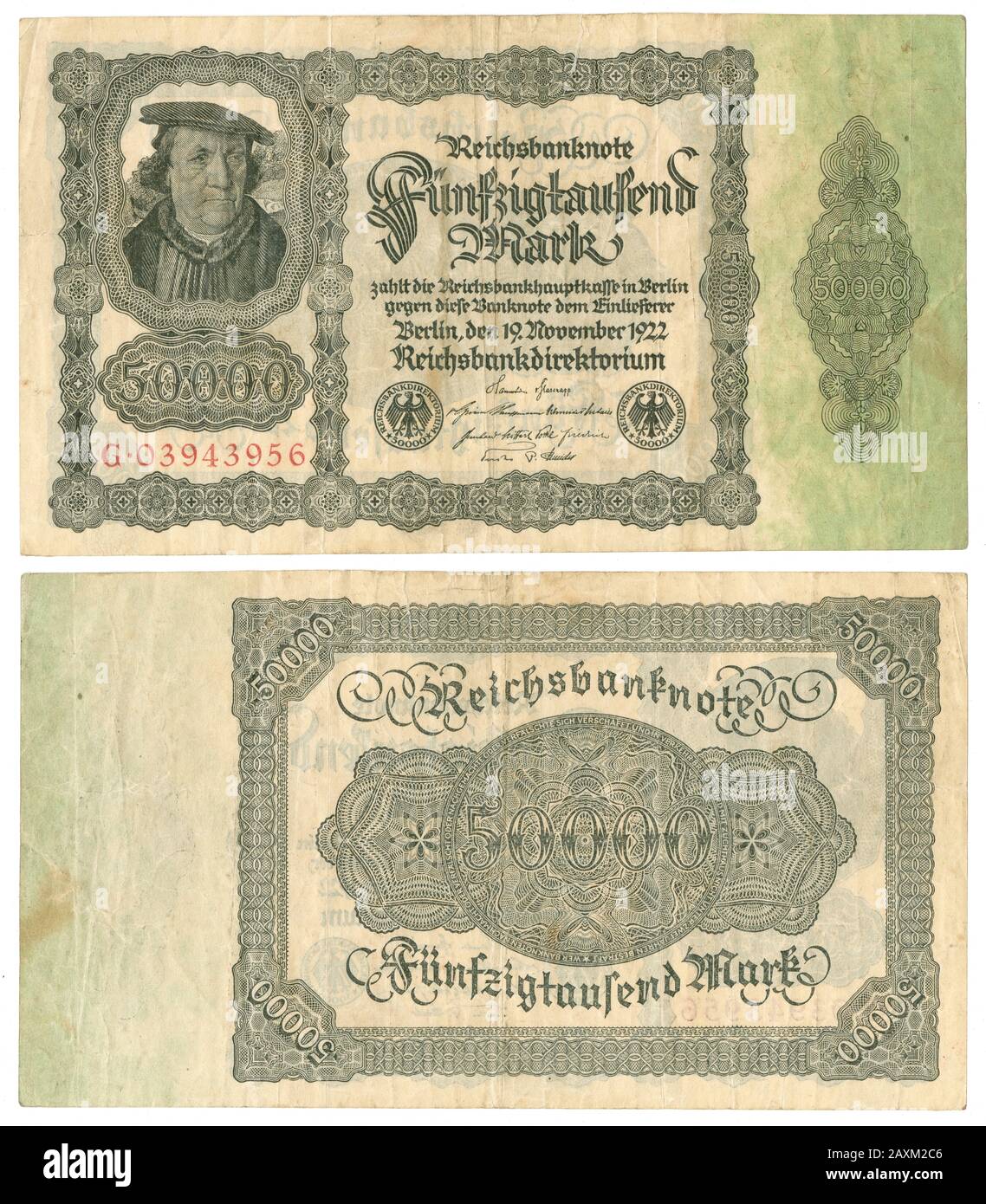 Antique 1922 Deutsche Währung mit 50.000 Mark Banknote, obvers und umgekehrt. Stockfoto