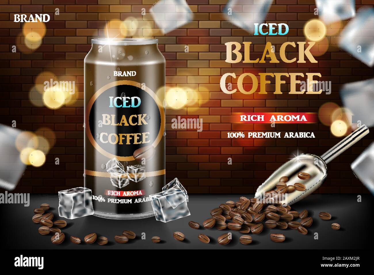 Realistischer schwarzer Konservenkaffee mit Bohnen und Eiswürfeln in 3D-Darstellung. Produkt Kaffee Getränk Design mit Backstein-Hintergrund. Vektor Stock Vektor