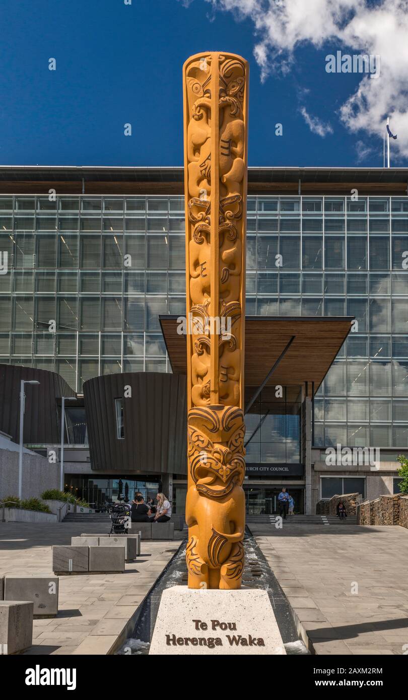 Maori Totem in Christchurch City Council Building, Christchurch, South Island, Neuseeland Stockfoto