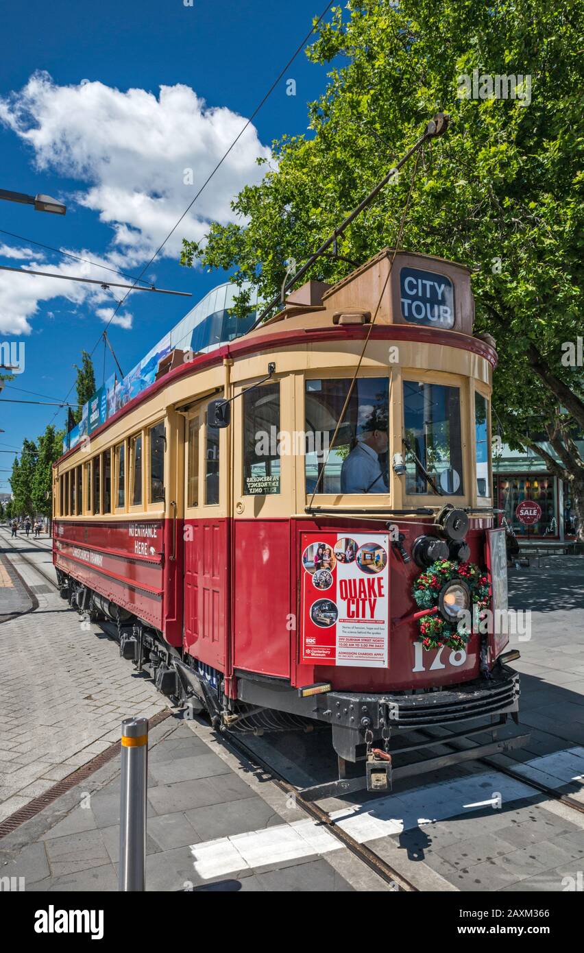 Historische Straßenbahn in Christchurch, South Island, Neuseeland Stockfoto