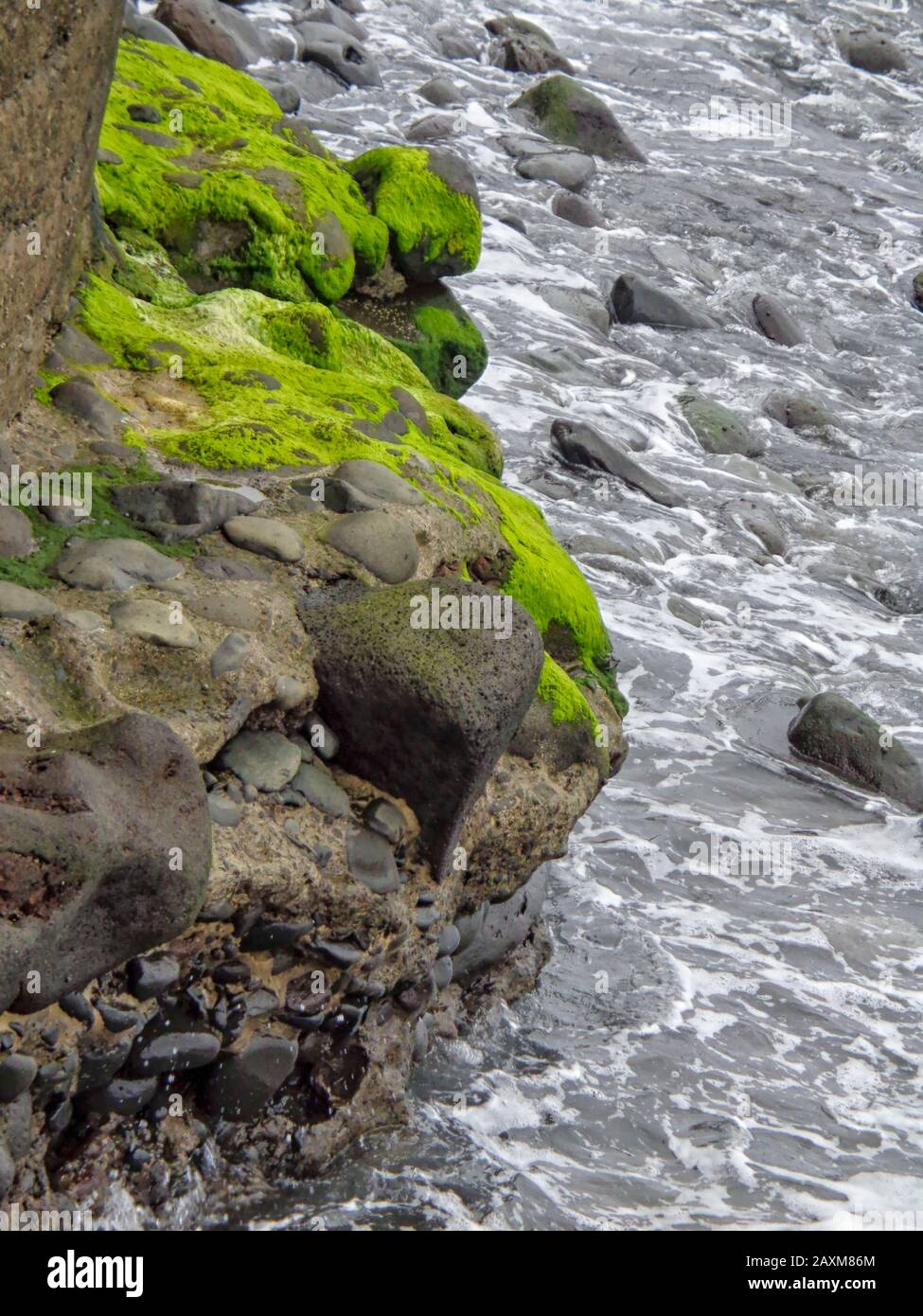 Abstraktes Meer von Wellen, die über Lavagesteine im Nordatlantik vor Madeira, Portugal, der Europäischen Union hetzen Stockfoto