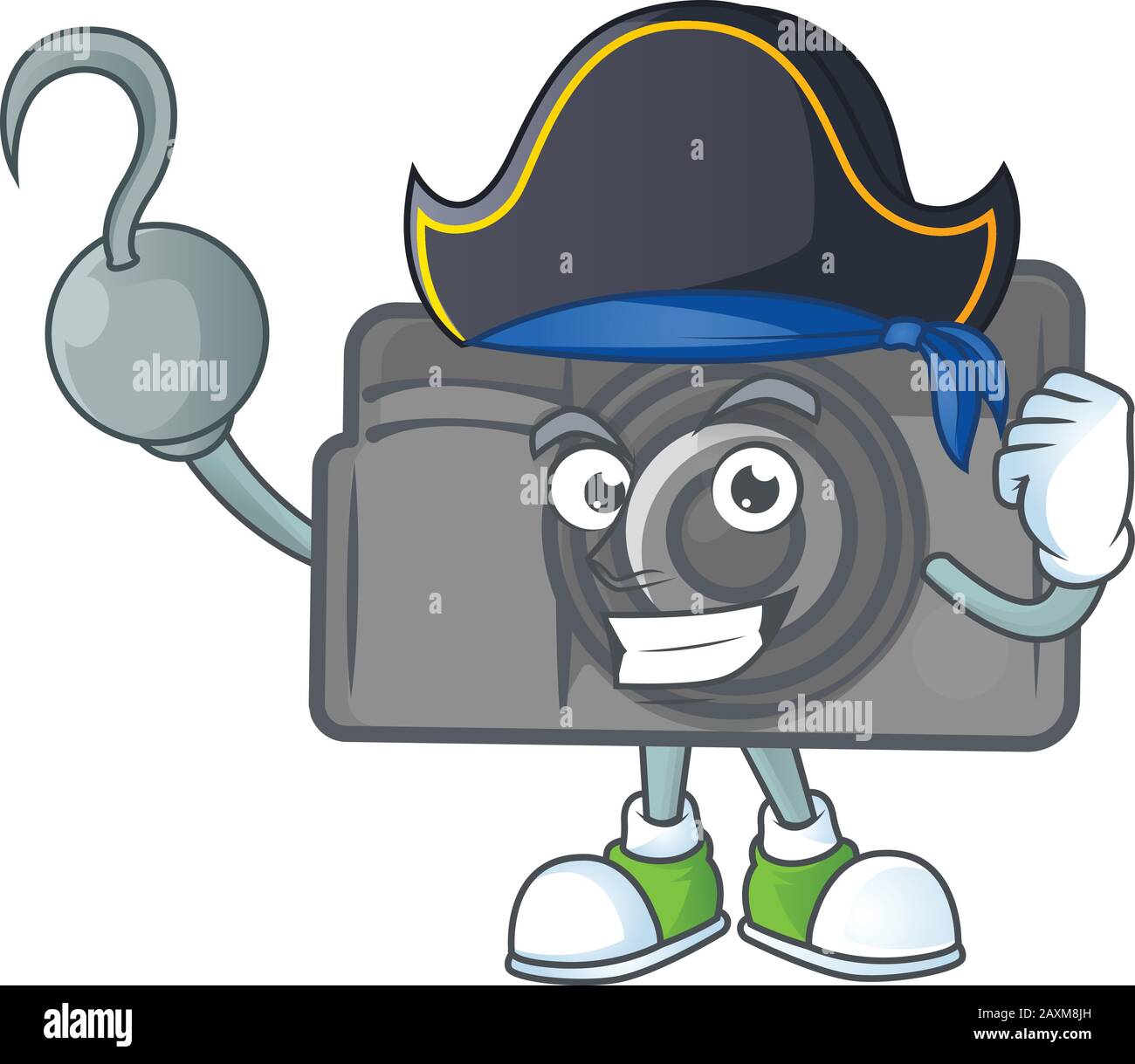 Ruhiges, einhändig verdecktes Maskottchen-Design der Piraten-Digitalkamera mit Hut Stock Vektor