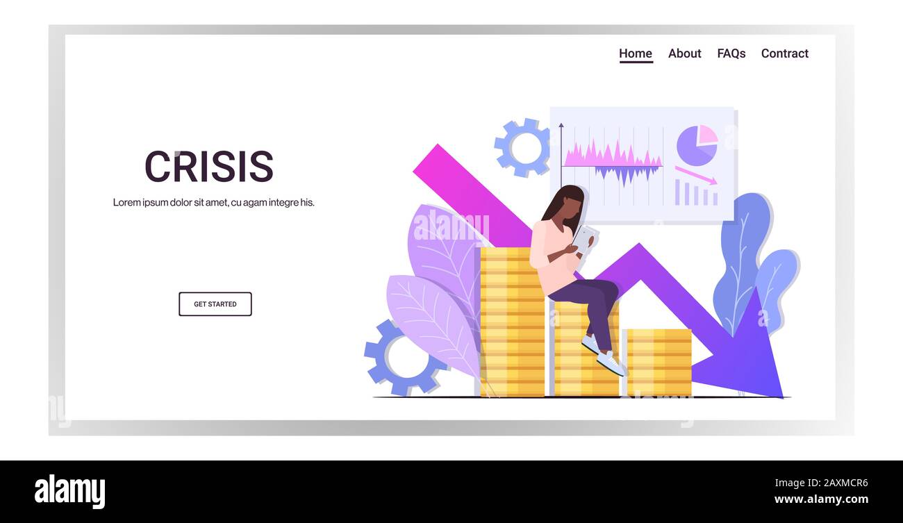 Geschäftsfrau analysiert Statistiken und Diagramme, die im Preisbittinkollaps der Kryptowährung gefallen sind, die nach unten fällt, das Finanzkrisenkonzept Pfeil voller Länge horizontale Kopie Raum Vektor Illustration Stock Vektor