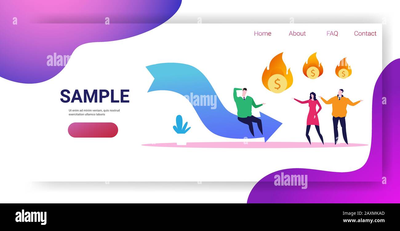 Stressige Geschäftsleute frustriert über flammendes Dollarsymbol nach unten wirtschaftliche Pfeil-Finanzkrise bankrotten Investitionsausfall Risikokonzept volle Länge horizontale Kopie Raum Vektor Illustration Stock Vektor