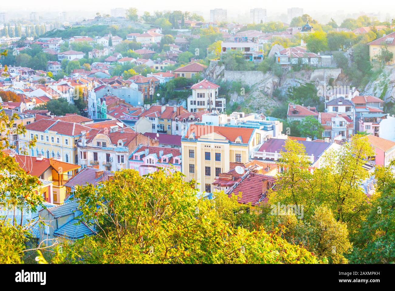 Plovdiv Panorama-Luftbild, Bulgarien mit alten bunten Häusern Stockfoto