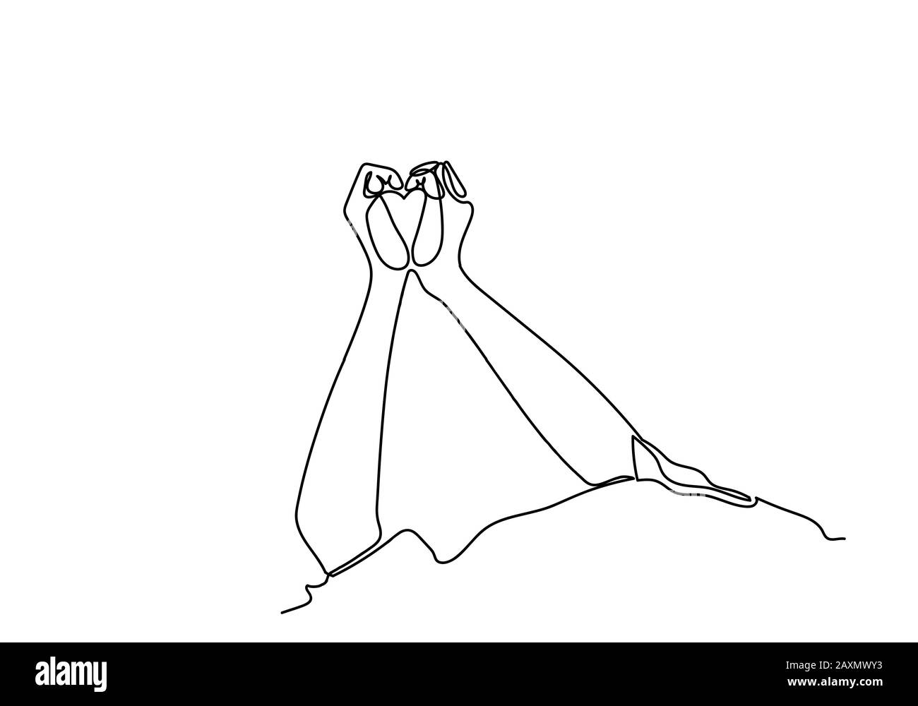 Durchgehende Strichzeichnung der Hände mit Herzform, Vektorgrafiker. Stockfoto