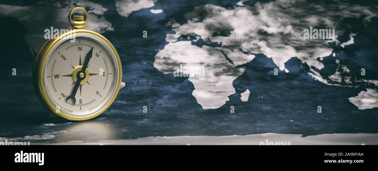 Ausrichtung der Kompassrichtung. Magnetische Instrumentenführung für Navigation und Erkundung vor Weltkarten-Hintergrund. 3D-Abbildung Stockfoto