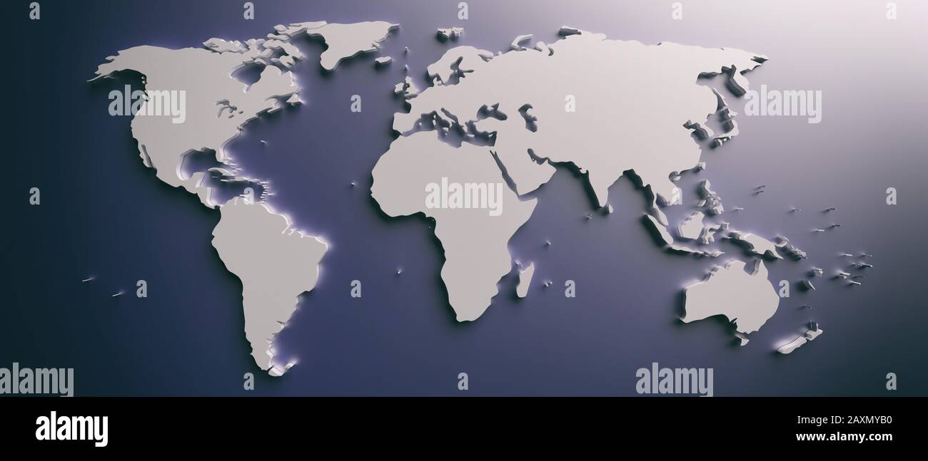 Weltkarte. Planet Earth Globus Karte flach, leere Kontinente und Länder vor blauem Hintergrund, glatten Schatten, Banner. 3D-Abbildung Stockfoto