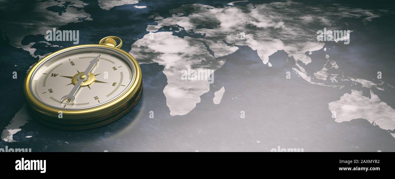 Ausrichtung der Kompassrichtung nach Norden. Magnetische Instrumentenführung für Navigation und Erkundung vor Weltkarten-Hintergrund. 3D-Abbildung Stockfoto