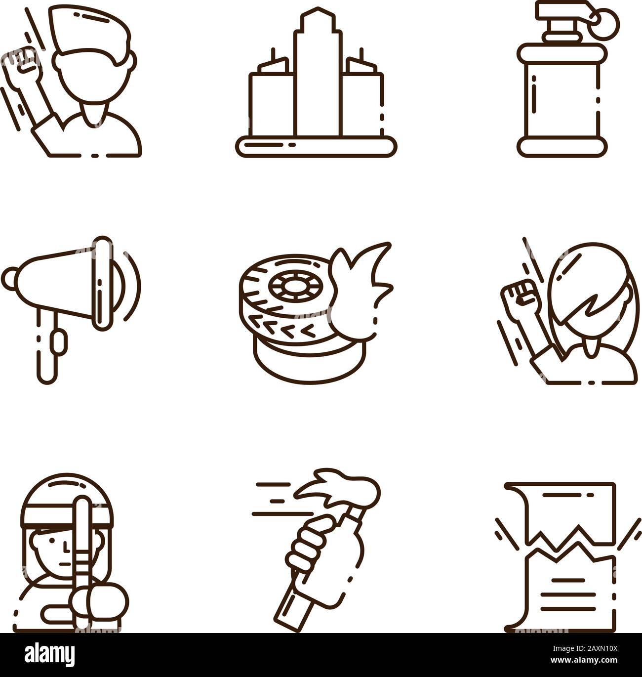 Cartoon Protest Konzept von Icon Set over White background, line style, Vector Illustration Stock Vektor