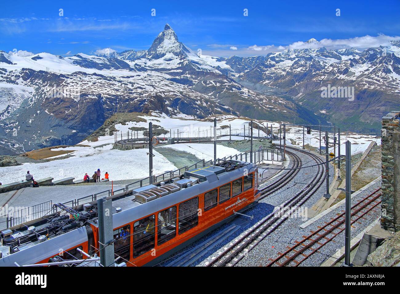 Gipfelstation Gornergrat 3089 m der Zahnradbahn vor Matterhorn 4478 m, Zermatt, Matter Valley, Wallis, Schweiz Stockfoto