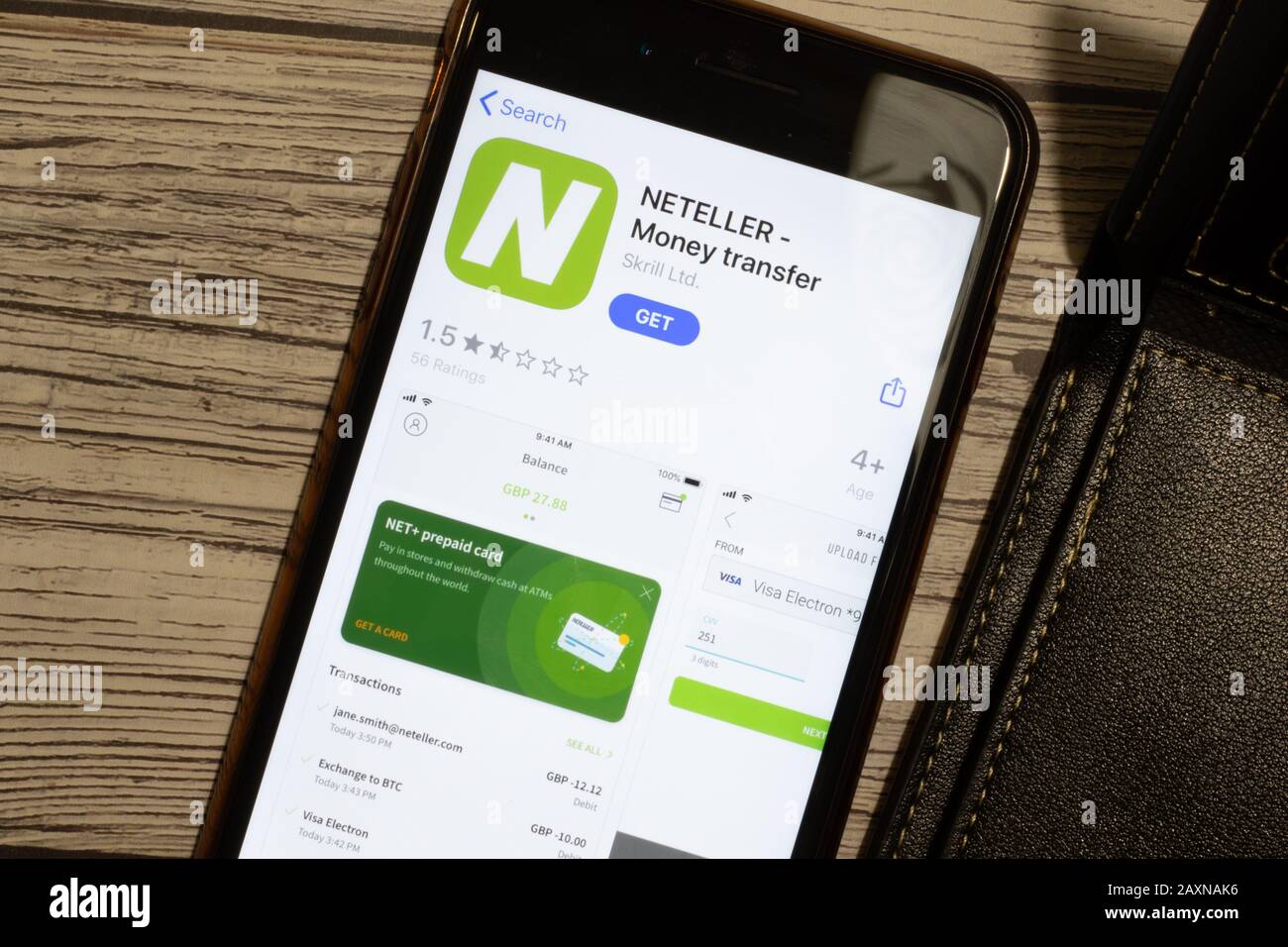 Los Angeles, Kalifornien, USA - 12. Februar 2020: NETeller App Store Seite nah oben, Illustrative Editorial Stockfoto