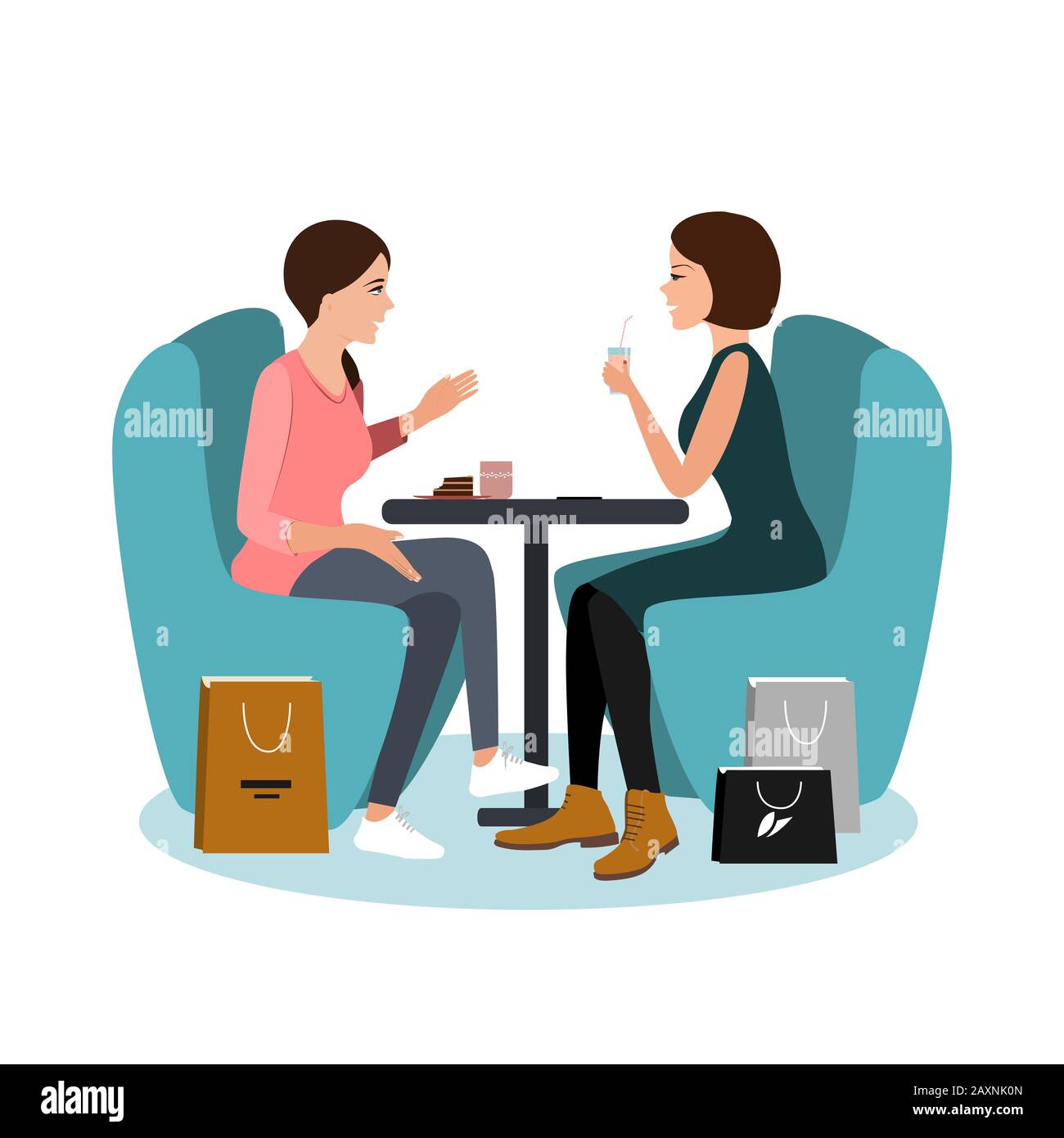 Zwei glückliche hübsche Mädchen sitzen im Café, nachdem sie isoliert über weißem Hintergrund einkaufen. Vektor-Ebene Abbildung Stock Vektor