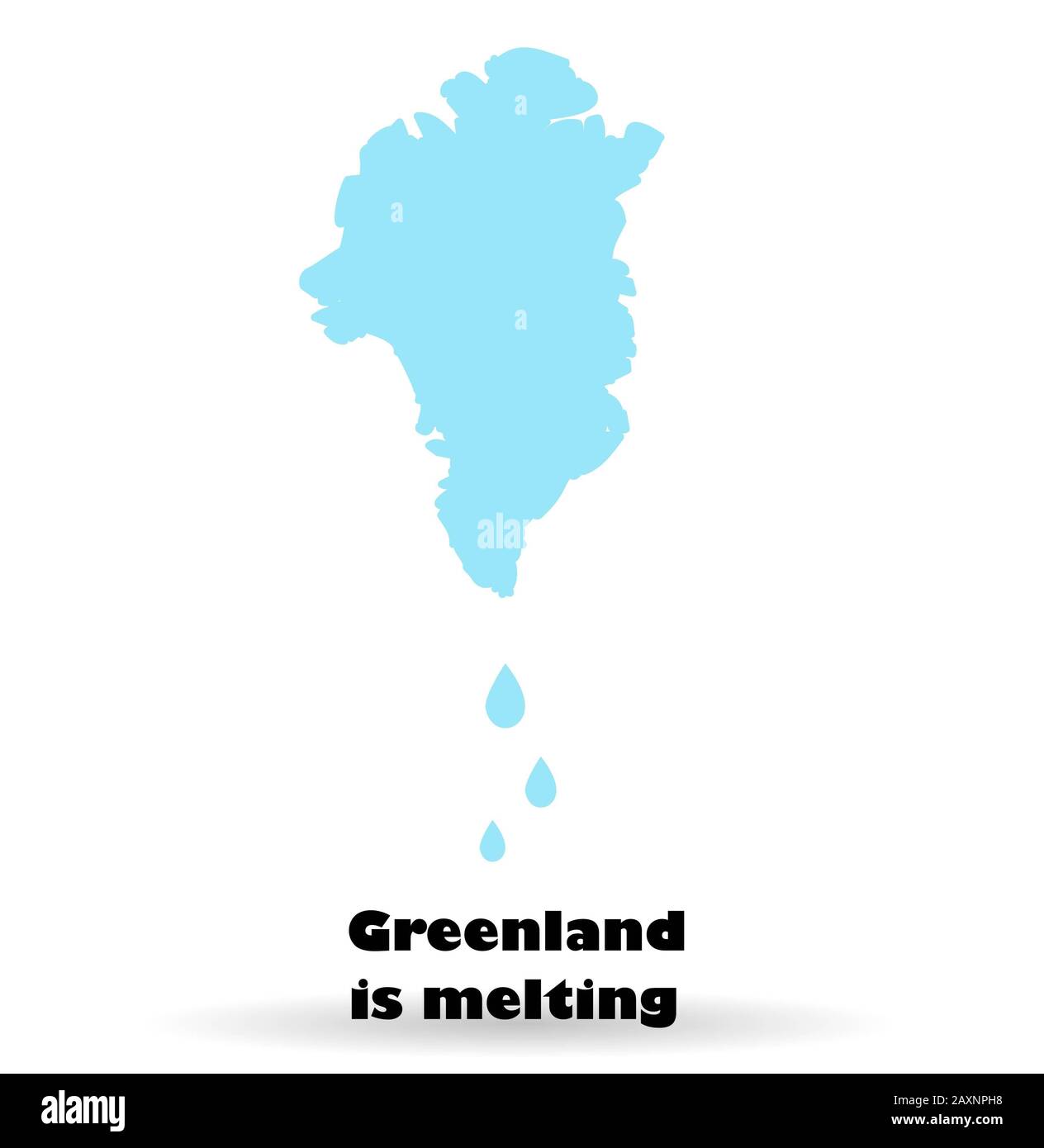 Schmelzende Gletscher Grönlands. Die Insel Dänemark. Globale Erwärmung. Klimaänderungen. Karte von Grönland auf weißem Hintergrund. Stockfoto