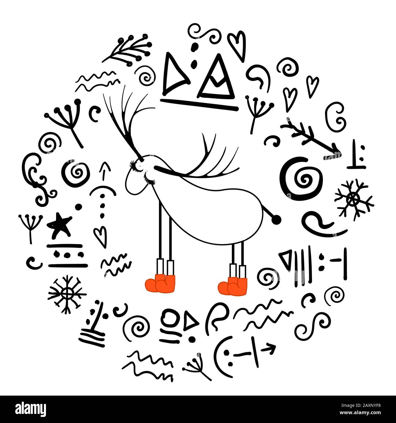 Rentier. Illustration im Folkstil. Stilisierte Tiere. Skandinavischer Druck Stockfoto