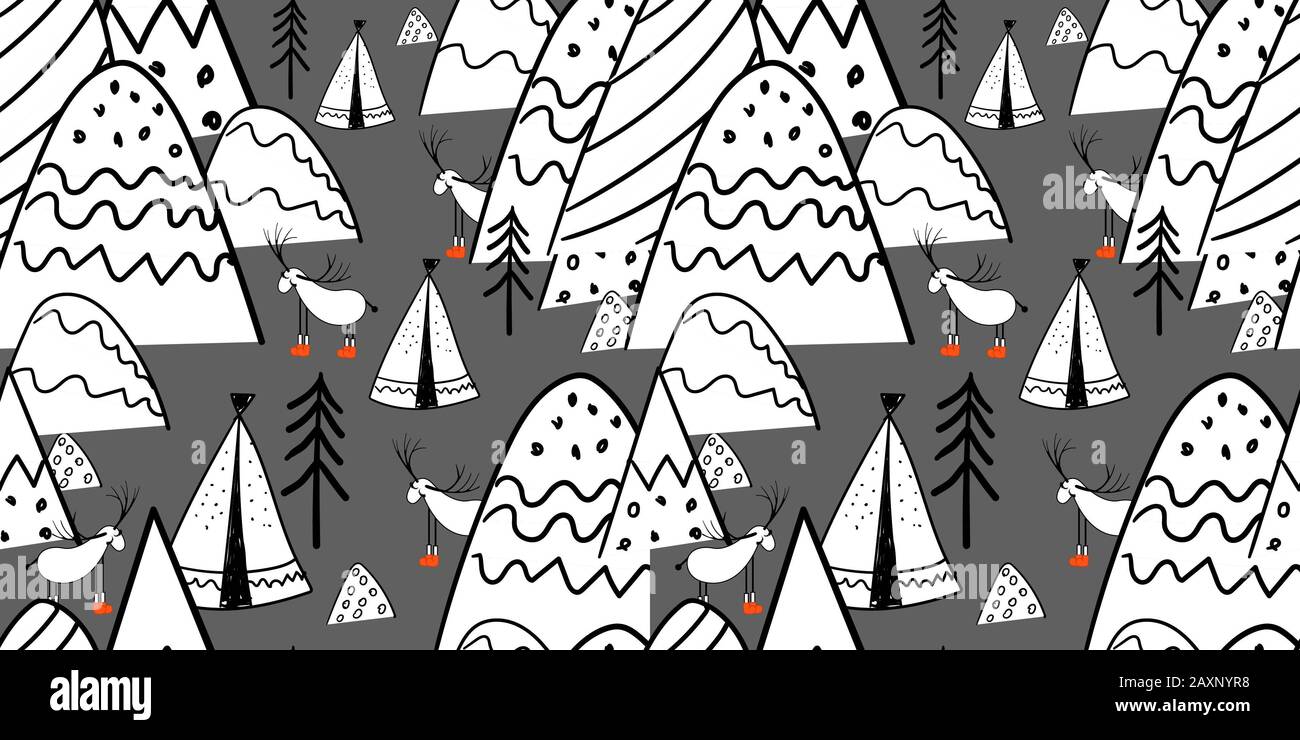 Northern Forest. Abbildung im volkstümlichen Stil. Stilisierte Berge. Skandinavische drucken. Strichzeichnung. Nahtlose Muster für Kinder. Stockfoto